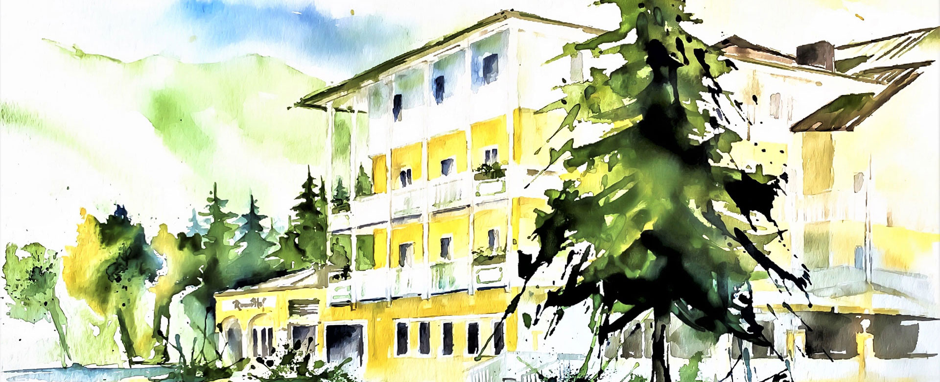 Aquarellmalerei des Hotels Rumerhof in alpiner Umgebung